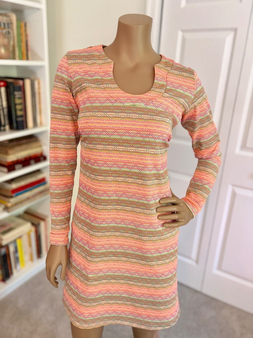 Retro Mod Dress Long Sleeve Pockets Spunkwear Geometric Stripe Pink USA S/M